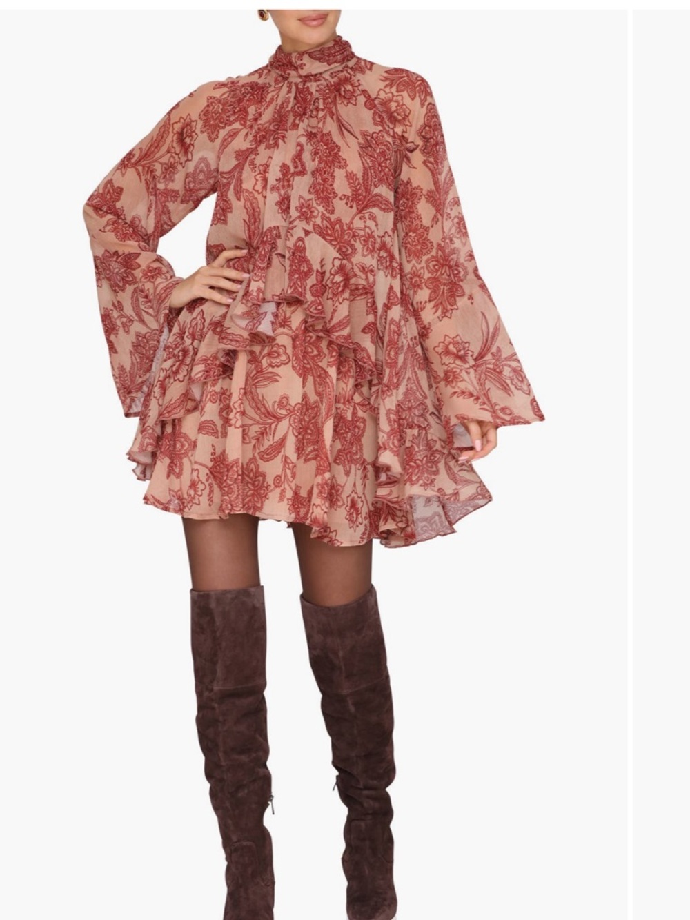Avec Les Filles Blush and Rust Floral Ruffle Mini Dress
